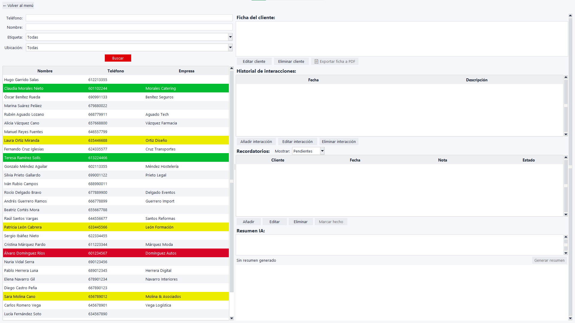 Captura de Clientmaxxing: CRM de escritorio con la ficha e historial del cliente