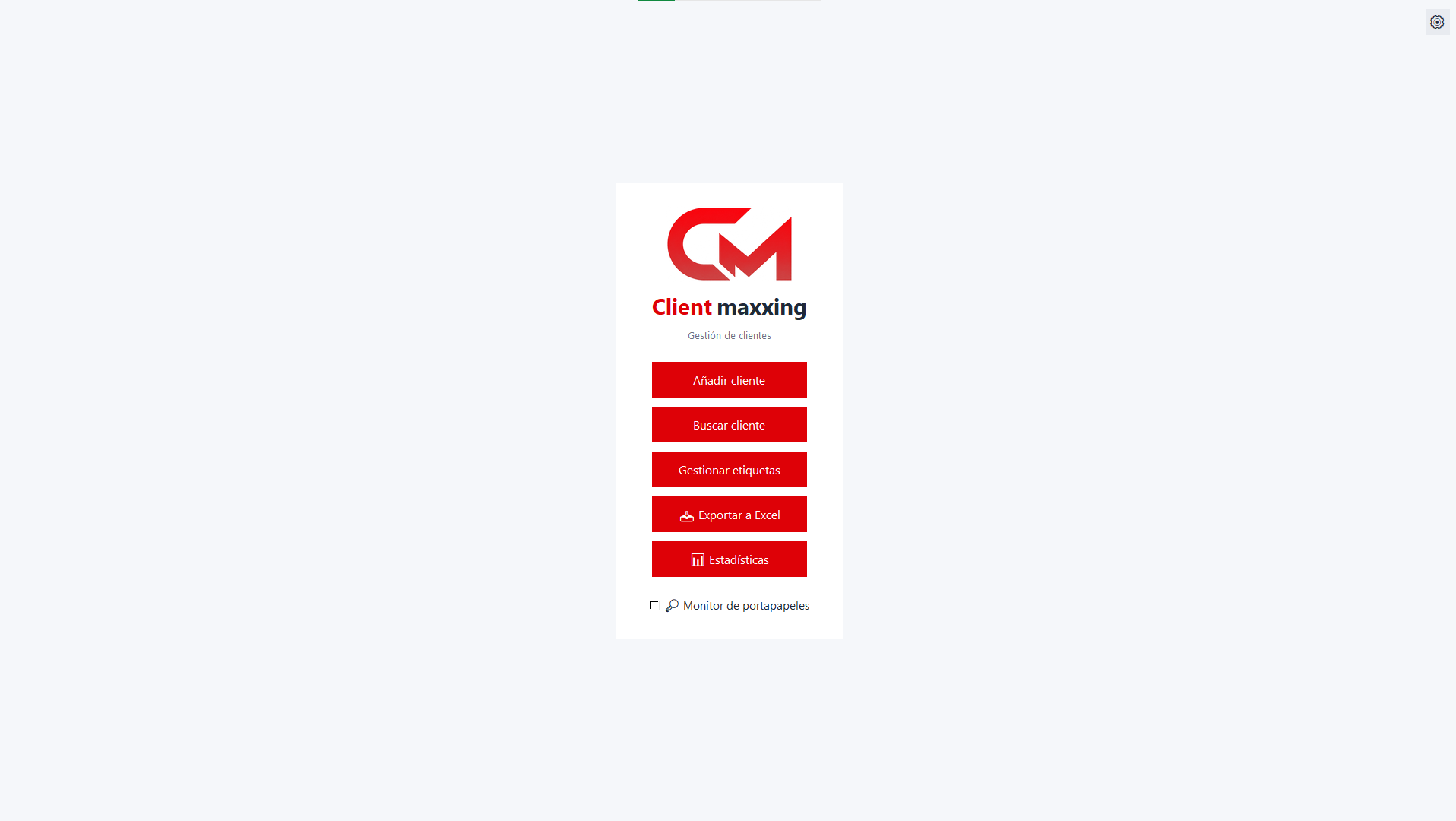 Captura de Clientmaxxing: menú principal con acciones de gestión de clientes