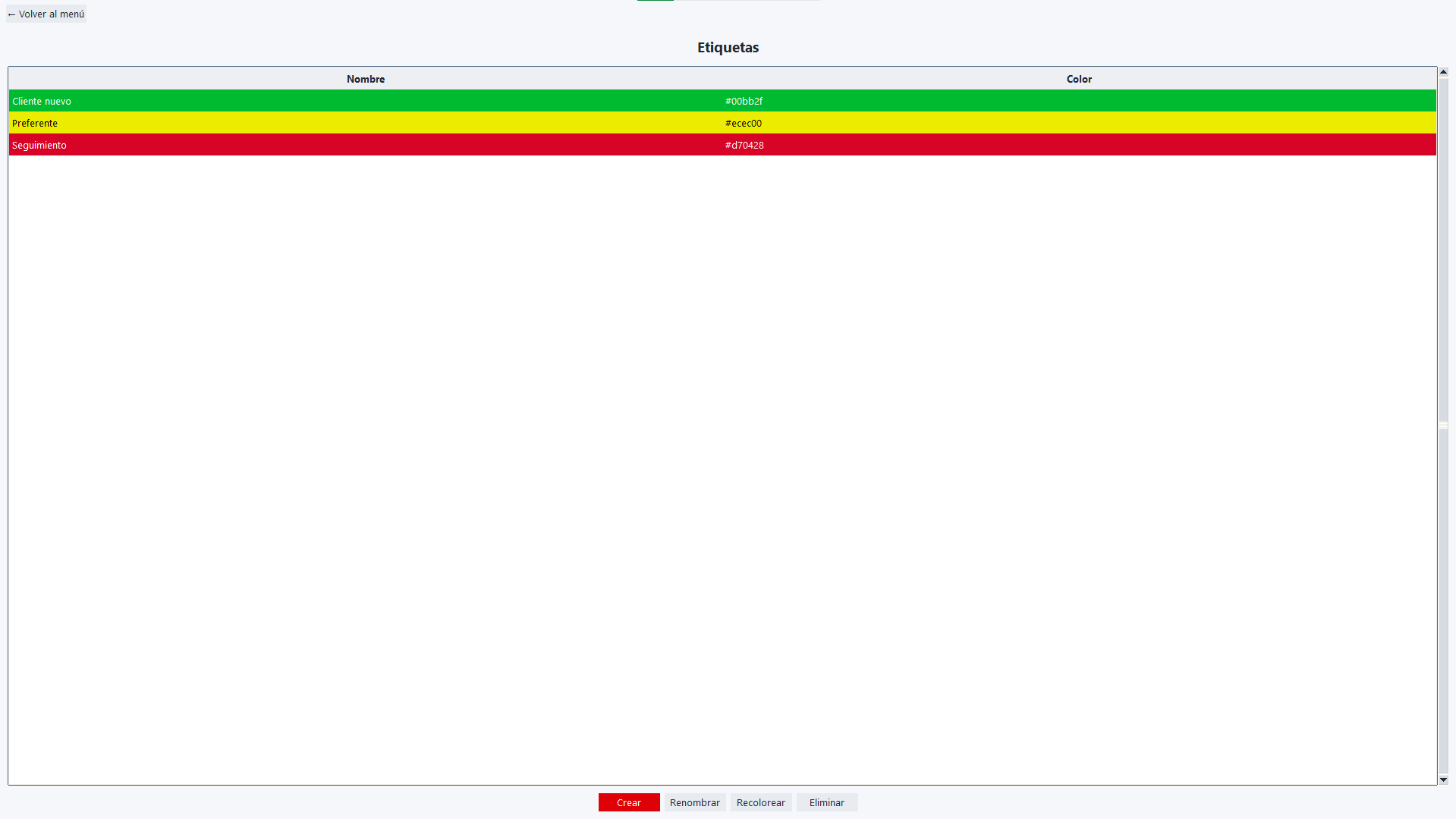 Captura de Clientmaxxing: gestión de etiquetas por color