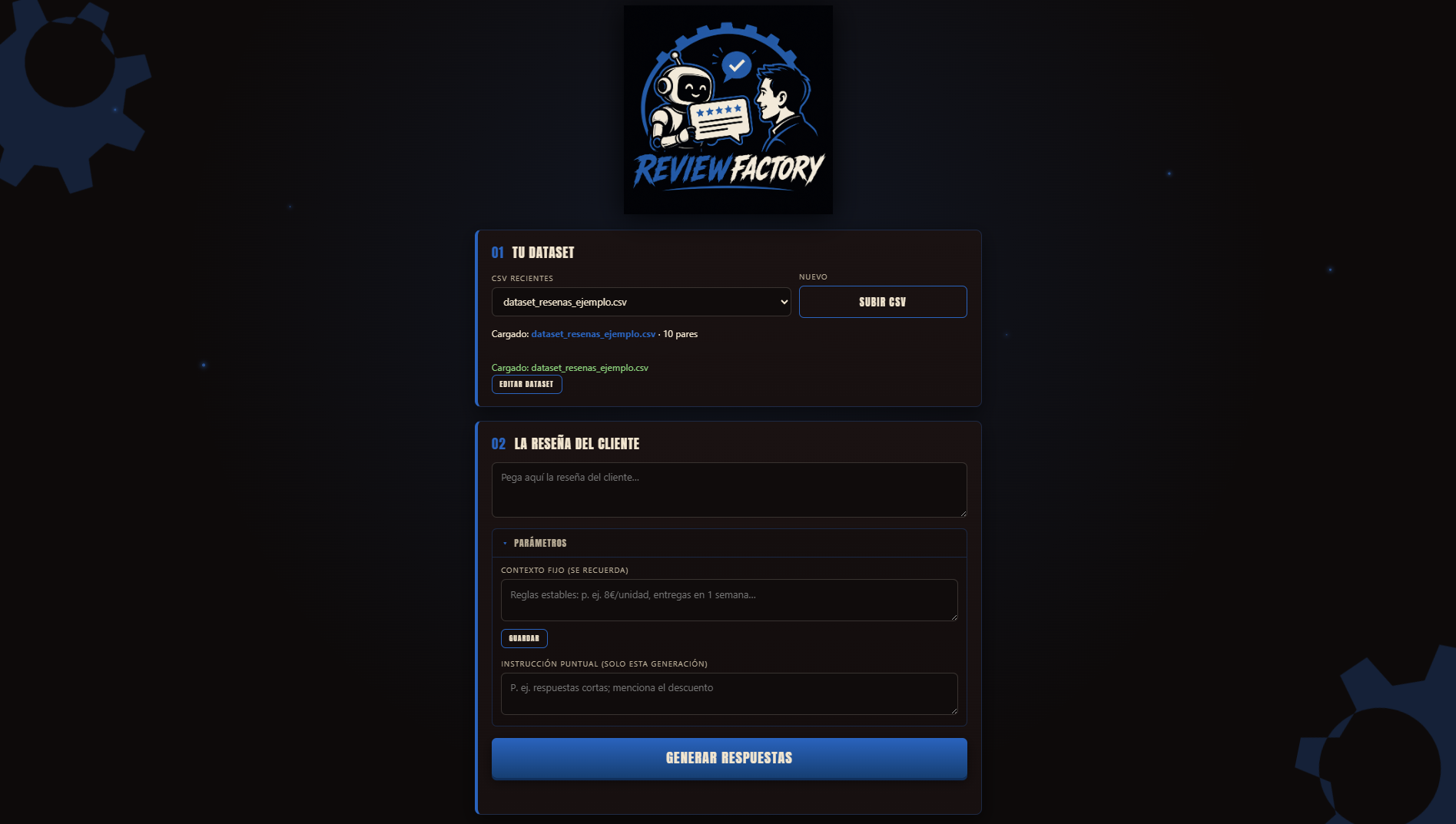 Captura de ReviewFactory: carga del dataset y edición de la reseña del cliente